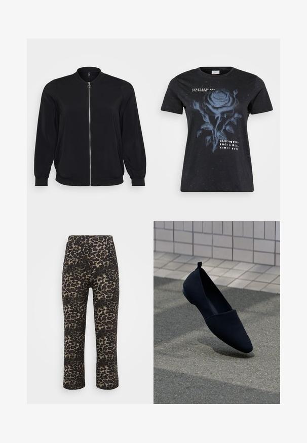 Sort bomberjakke lavet af glat stof, med en frontlynlås og ribbede mansjetter, har en klassisk rund halsudskæring og sidelommer.; ONLY Carmakoma CARMIKO WASHED SS REG TEE JRS - T-shirts print - black; Løveprint bukser i sort og beige, med lige snit, elastisk talje og glat tekstur.; Sorte flade sko med spids tå, glat tekstur og minimalistisk design. Har en lille hæl og en løkke ved ryggen.