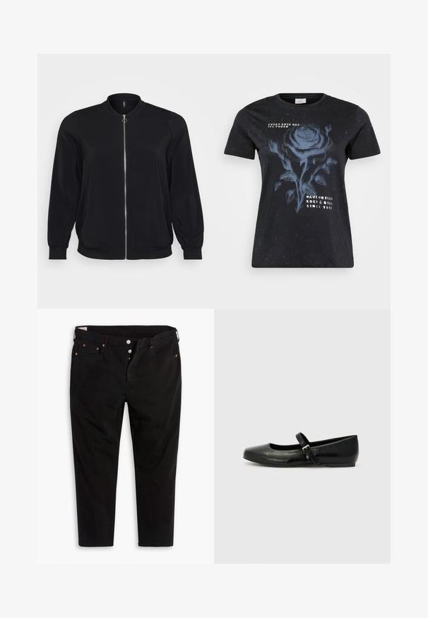 Schwarze Bomberjacke aus glattem Stoff, mit einem Frontreißverschluss und gerippten Bündchen, klassischem Rundhalsausschnitt und Seitentaschen.; ONLY Carmakoma CARMIKO WASHED SS REG TEE JRS - T-Shirt print - black; Schwarze Jeanshose mit geradem Bein. Verfügt über fünf Taschen, Metallknopfverschluss und orangefarbene Nähtigkeiten. Aus Baumwollmaterial.; Schwarze Leder-Ballerinas mit einer runden Spitze, einer flachen Sohle und einem dünnen, verstellbaren Riemen über dem Spann mit einer Metallschnalle.
