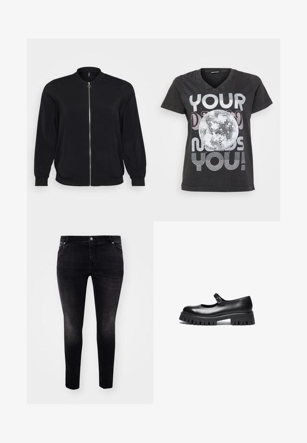 Schwarze Bomberjacke aus glattem Stoff, mit einem Frontreißverschluss und gerippten Bündchen, klassischem Rundhalsausschnitt und Seitentaschen.; Schwarzes Baumwoll-T-Shirt mit V-Ausschnitt, kurzen Ärmeln und einem Grafikdesign eines Discokugels mit Text in metallischen und gestreiften Schriftarten.; Schwarze Jeans aus Denim mit slim-fit Schnitt, Fünf-Taschen-Design, Knopfverschluss und sanften Ausbleichungen für eine strukturierte Optik. Minimalistischer Stil, ohne sichtbare Muster.; Schwarzer Leder-Mary-Jane-Schuh im Stil mit runder Zehe, Knöchelriemen und einer robusten Gummisohle mit geriffelter Detailierung.