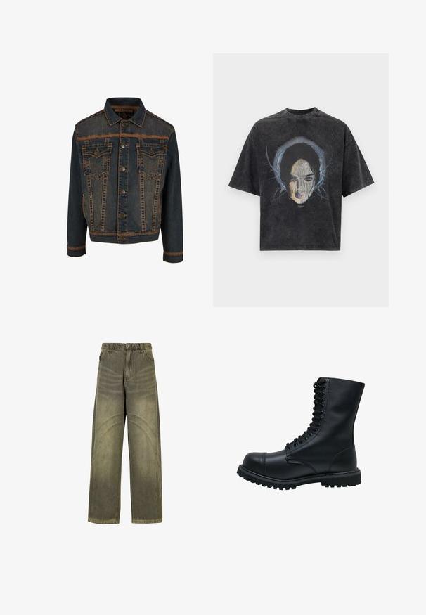 Donkerblauwe denim jacket met oranje stiksels, voorzien van knoopsluiting en twee borstzakken met schuine kleppen en decoratieve naden.; Oversized donkergrijs T-shirt met een afbeelding van een vrouwengezicht en abstracte blauwe lijnen rondom haar hoofd.; Wijde spijkerbroeken van olijfgroene denim, met gebogen naadaccenten, klassieke knoopsluiting en een vervaagde afwerking.; Zwarte leren veterschoen met een ronde neus, hoge schacht, dikke rubberen zool en een gestructureerd oppervlak. Heeft versterkte stiksels langs de naden.