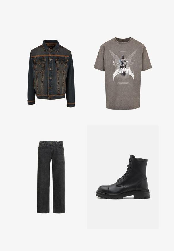 Donkerblauwe denim jacket met oranje stiksels, voorzien van knoopsluiting en twee borstzakken met schuine kleppen en decoratieve naden.; Grijze oversized t-shirt gemaakt van katoen, met een grafische print van een gevleugeld standbeeld en gestileerde tekst op de voorkant.; Zwarte denim jeans met een ontspannen pasvorm, rechte pijpen, vijf-pocket ontwerp en een subtiele vervaagde textuur. Voorzien van een knoop- en ritssluiting.; AllSaints HANK - Veterboots - black