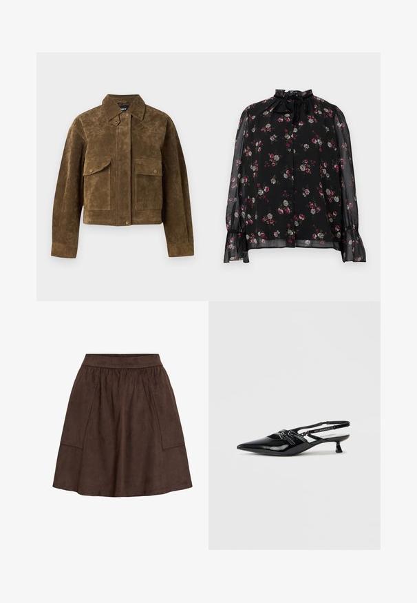 Bruine suède jas met knoopsluiting aan de voorkant, twee klepzakken met knopen, lange mouwen en een puntige kraag.; Zwarte doorzichtige blouse met lange mouwen, gerimpelde manchetten, knoopsluiting aan de voorkant, bloemendessin in roze en wit, en een gestrikt gerimpeld hoge hals.; Bruine suède rok met een elastische tailleband, voorzien van zijzakken en een uitlopende pasvorm. Gladde textuur en een lengte tot de knie.; Zwarte lakleren slingback schoen met puntige neus, kleine blokhak en verstelbare band met uitgesneden details en logo-accenten.
