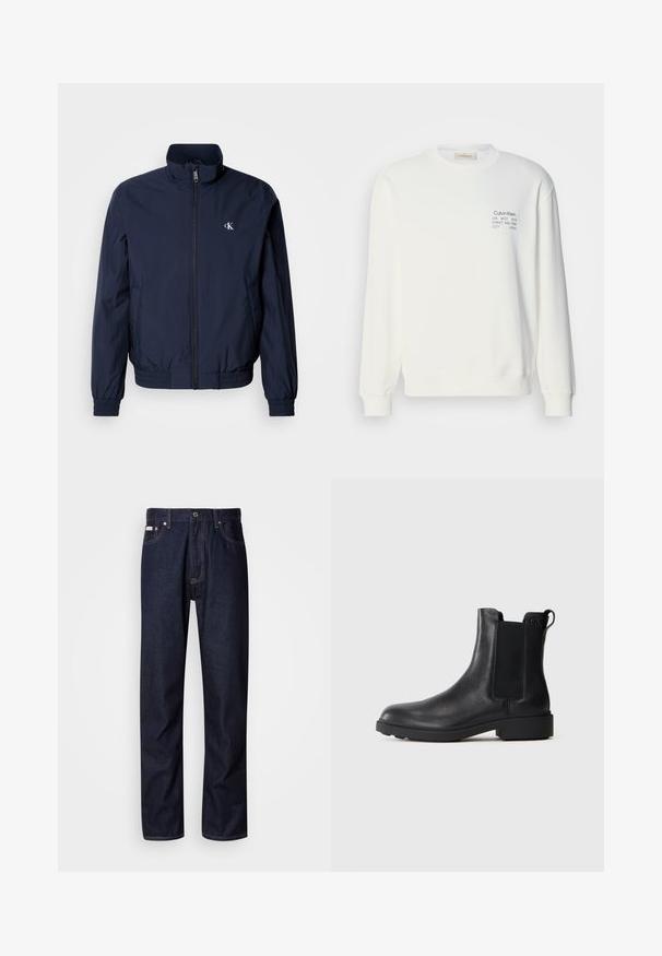 Donkerblauwe windjack met opstaande kraag, elastische manchetten en tailleband; voorzien van een klein, wit logo op de linkerborst.; Witte katoenen sweatshirt met lange mouwen, ronde hals en geprinte logo-details op de borst, met ribgebreide boorden en zoom.; Donkerblauwe denim jeans met een rechte snit, voorzien van een knoopsluiting, vijf zakken en contrasterende stiksels.; Zwarte leren enkelboot met elastische zijpanelen, trekhaak op de hiel en een lage blokzool tegen een effen achtergrond.