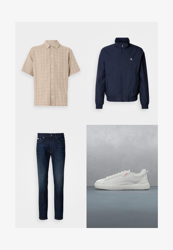 Coupe-vent bleu marine avec col montant, poignets élastiques et ceinture élastique ; arbore un petit logo blanc sur le côté gauche de la poitrine.; Chemise à manches courtes, avec col, de couleur beige et à motif carreaux. Fabriquée en tissu texturé, avec un devant à boutons et une coupe décontractée.; Jean en denim bleu foncé avec une coupe droite, doté d'une fermeture éclair, d'un bouton et de poches avant/arrière. Décoloration subtile au niveau des cuisses.; Sneaker blanche avec une finition en cuir lisse, bout rond, quatre œillets, perforations subtiles et un détail de logo rouge sur le côté.