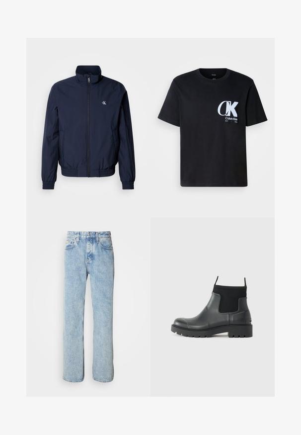 Donkerblauwe windjack met opstaande kraag, elastische manchetten en tailleband; voorzien van een klein, wit logo op de linkerborst.; Zwarte katoenen t-shirt met korte mouwen, ronde hals, met een witte "CK"-logo op de linkerborst. Gladde textuur, rechte zoom.; Lichtblauwe spijkerbroek met een rechte snit, een vijf-pocket ontwerp en zichtbare stiksels. Klassieke tailleband met knoopsluiting.; Zwarte enkelboots van rubber met een matte afwerking, voorzien van een slank ontwerp, elastische panelen en een chunky zool voor grip.