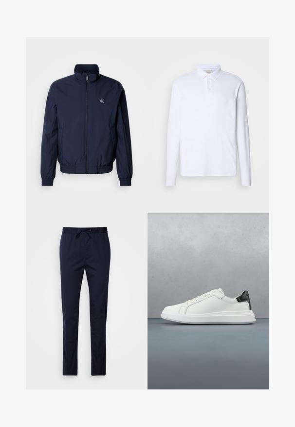 Mørkeblå vindjakke med opretstående krave, elastiske manchetter og linning; har en lille hvid logo på venstre bryst.; Langærmet hvid polo-shirt lavet af blødt stof, med en klassisk krave, tre knaplukninger og et diskret logo på brystet.; Mørkeblå, letvægtsbukser med elastisk talje og snøre. Lige ben, glat tekstur, ingen lommer eller mønstre.; Hvide sneakers med en glat læderoverdel og en kontrasterende sort hælaccents. Har flade snørebånd og en tekstureret gummisål.