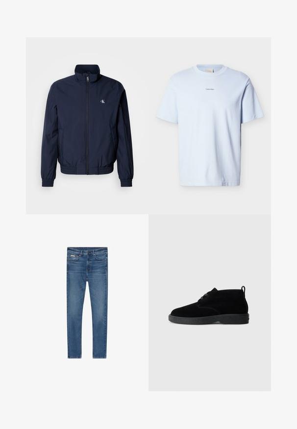 Marineblaue Windjacke mit Stehkragen, elastischen Bündchen und Taillenbund; mit kleinem, weißem Logo auf der linken Brust.; Hellblaues Baumwoll-T-Shirt mit rundem Ausschnitt und kurzen Ärmeln, versehen mit einem kleinen schwarzen "Calvin Klein"-Logo auf der Brust.; Blaue Denim-Jeans mit schlanker Passform, fünf Taschen, Knopfverschluss und subtiler Verblassung an Oberschenkeln und Knien.; Schwarze Wildleder-Stiefeletten mit runder Zehenpartie, Schnürdesign, schwarzem Gummisohle und einem Zugband an der Rückseite für einfaches An- und Ausziehen.