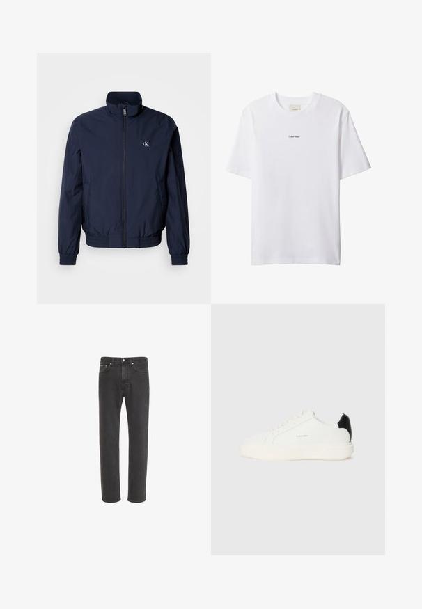 Mørkeblå vindjakke med opretstående krave, elastiske manchetter og linning; har en lille hvid logo på venstre bryst.; Hvid bomuld t-shirt med rund hals og korte ærmer. Har en lille sort "Calvin Klein"-logo centreret på brystet.; Sorte jeans med lige ben i denim med knap- og lynlås-lukning foran, for- og baglommer, vist på hvid baggrund.; Hvide lædersneakers med en sort accent på hælen, rund tå, flade snørebånd og en tyk hvid sål. Calvin Klein-logoet vises.