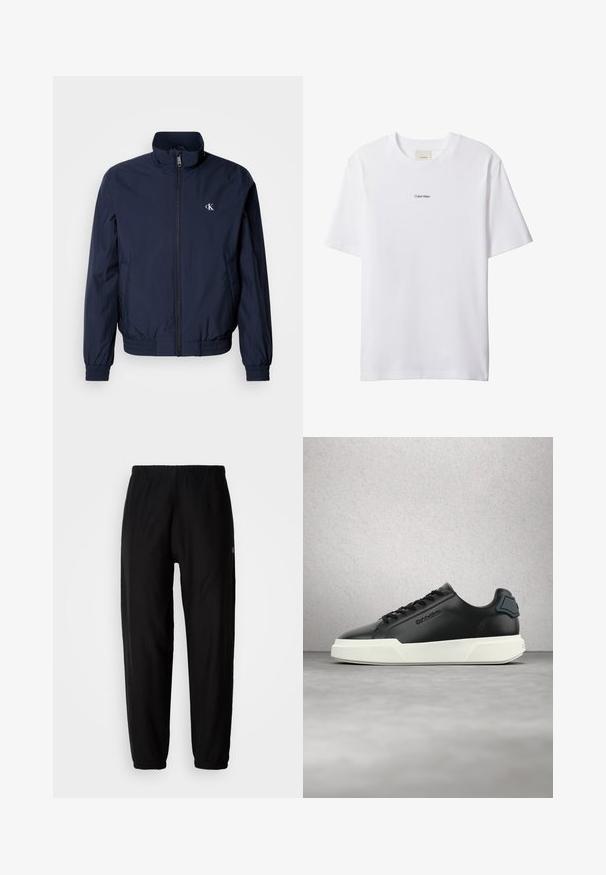 Mørkeblå vindjakke med opretstående krave, elastiske manchetter og linning; har en lille hvid logo på venstre bryst.; Hvid bomuld t-shirt med rund hals og korte ærmer. Har en lille sort "Calvin Klein"-logo centreret på brystet.; Sorte træningsbukser med elastisk talje, tapered ben og manchetter. Glat stoftekstur. Logo detalje på siden.; Sort lædersneaker med hvid sål, sorte snørebånd og præget mærke, vist flydende over en grå gulv med glasblokvæg i baggrunden.