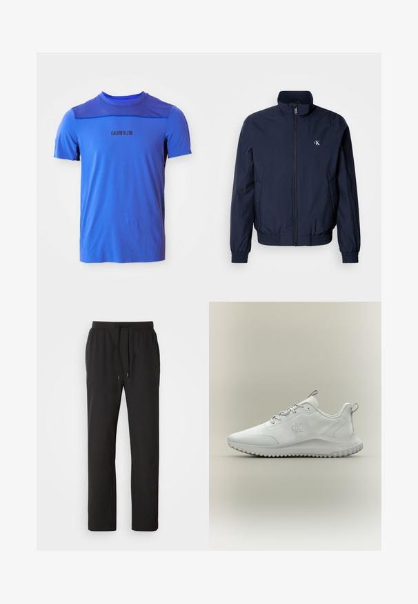 Chaqueta cortaviento azul marino con cuello alto, puños elásticos y cintura elástica; cuenta con un pequeño logo blanco en el pecho izquierdo.; Camiseta atlética azul con cuello redondo, tejido de malla en los hombros y el logo 'CALVIN KLEIN' impreso en negro. Textura suave.; Pantalones de chándal negros hechos de tela ligera, con una cintura elástica y cordones ajustables, además de bolsillos laterales. Textura suave.; Zapatilla deportiva blanca de corte bajo con suela texturizada, cordones delanteros y logotipo "cK" en el lateral, vista de perfil sobre un fondo neutro.
