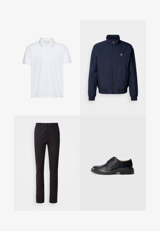 Donkerblauwe windjack met opstaande kraag, elastische manchetten en tailleband; voorzien van een klein, wit logo op de linkerborst.; Witte polo met korte mouwen, twee knopen, grijze bies aan kraag en manchetten en klein "ck" logo geborduurd op de borst.; Zwarte broek met rechte pijpen, knoop aan de voorkant, riemlussen en zijzakken, getoond op een witte achtergrond.; Zwarte leren oxford-schoen met ronde neus, vetersluiting aan de voorkant en een lage gestapelde hak op een effen lichte achtergrond.