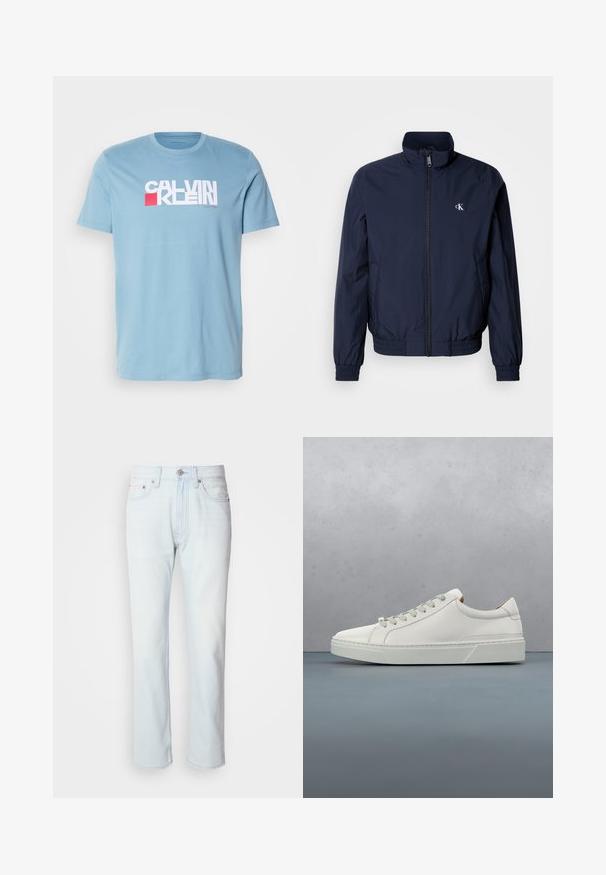 Chaqueta cortaviento azul marino con cuello alto, puños elásticos y cintura elástica; cuenta con un pequeño logo blanco en el pecho izquierdo.; Camiseta de algodón de color azul claro con un destacado logotipo gráfico en blanco y rojo, con un cuello redondo clásico y mangas cortas.; Jeans de mezclilla azul claro con corte recto. Cuentan con un cierre de botón y pasadores para cinturón, mostrando una textura desgastada y costuras mínimas.; Zapatilla blanca de cuero con punta redondeada, diseño minimalista, cordones grises y suela de goma texturizada gris. Detalles de costura sutiles visibles.