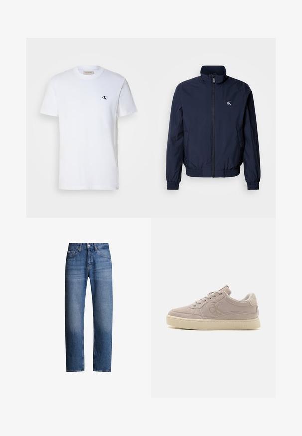 Chaqueta cortaviento azul marino con cuello alto, puños elásticos y cintura elástica; cuenta con un pequeño logo blanco en el pecho izquierdo.; Camiseta de algodón blanca con mangas cortas y cuello redondo. Presenta un pequeño logo negro "ck" en el lado izquierdo del pecho. Corte clásico. Textura suave.; Jeans de mezclilla azul con corte recto, cinco bolsillos y cremallera. Presentan un ligero desgaste y costuras a lo largo de las costuras.; Calvin Klein Jeans CLASSIC CUPSOLE ICONIC - Zapatillas - eggshell creamy white