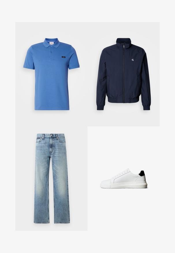 Coupe-vent bleu marine avec col montant, poignets élastiques et ceinture élastique ; arbore un petit logo blanc sur le côté gauche de la poitrine.; Polo en coton bleu avec un col, deux boutons, des manches courtes et un écusson noir sur le côté gauche. Tissu lisse et texturé.; Jean droit en denim bleu clair avec taille haute, cinq poches, fermeture à boutons et léger délavage sur les cuisses et les genoux.; Baskets en cuir blanc avec un accent noir au talon, équipées de lacets plats, d'un bout arrondi et d'une semelle en caoutchouc rainurée pour une meilleure adhérence.
