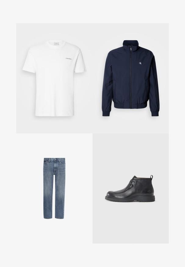 Chaqueta cortaviento azul marino con cuello alto, puños elásticos y cintura elástica; cuenta con un pequeño logo blanco en el pecho izquierdo.; Camiseta de algodón blanca con mangas cortas y un escote en forma de cuello redondo. Presenta un pequeño logotipo negro de "Calvin Klein" en el lado izquierdo del pecho.; Vaqueros de denim azul con pierna recta, bolsillos delanteros, trabillas para cinturón y cierre de botón.; Botas de cuero negras hasta el tobillo con punta redondeada, diseño con cordones y una lengüeta en la parte trasera. Parte superior texturizada y suela de goma.