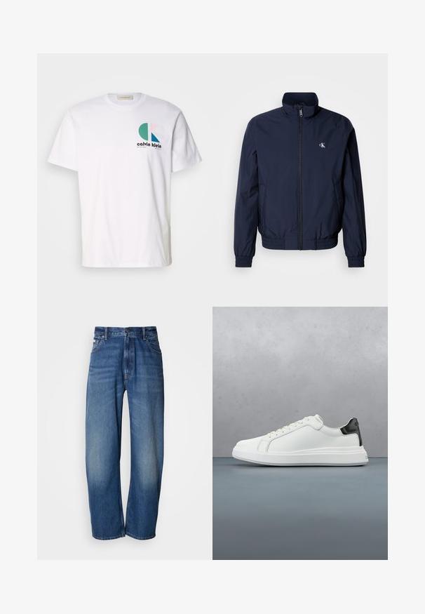 Donkerblauwe windjack met opstaande kraag, elastische manchetten en tailleband; voorzien van een klein, wit logo op de linkerborst.; Witte katoenen t-shirt met een kleurrijk grafisch ontwerp met ronde vormen en het "Calvin Klein" logo aan de voorkant. Korte mouwen, ronde hals.; Wijde jeans van denim in een middelblauwe wassing. Voorzien van een ritsvlieger, vijf zakken en lichte vervaging voor een gedragen uitstraling. Klassieke stikdetails.; Witte sneaker met een gladleren bovenkant en een contrasterende zwarte hielaccent. Beschikt over platte veters en een gestructureerde rubberen zool.