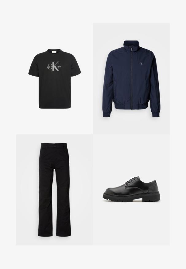 Marineblaue Windjacke mit Stehkragen, elastischen Bündchen und Taillenbund; mit kleinem, weißem Logo auf der linken Brust.; Schwarzes Kurzarm-T-Shirt mit großem grauem "cK" Logo und weißem "Calvin Klein" Text, zentriert auf der Brust.; Schwarze Baumwollhosen mit geradem Bein, ausgestattet mit einem Knopfverschluss und Gürtelschlaufen. Glatte Textur und minimalistischer Stil ohne sichtbare Muster.; Schwarze Lederschuhe mit runder Zehenform, Schnürdesign und einer dicken, strukturierten Gummisohle. Sie verfügen über eine Naht entlang des Randes und haben eine glatte Oberfläche.