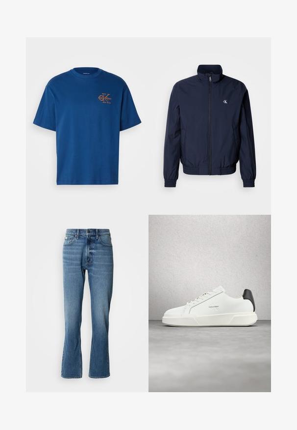 Marineblaue Windjacke mit Stehkragen, elastischen Bündchen und Taillenbund; mit kleinem, weißem Logo auf der linken Brust.; Blaues Baumwoll-T-Shirt mit Rundhalsausschnitt, kurzen Ärmeln und einem orangefarbenen Calvin Klein-Logo auf der linken Brust. Schlichte und klassische Schnittform.; Hellblaue Denim-Jeans mit geradem Schnitt und leicht ausgestelltem Bein. Verfügt über fünf Taschen, einen Knopfverschluss und dezente Waschungseffekte.; Weiße Sneaker mit glattem Lederobermaterial, flachen Schnürsenkeln und erhöhter weißer Sohle. Verfügen über einen schwarzen Akzent an der Ferse und ein geprägtes Logo.