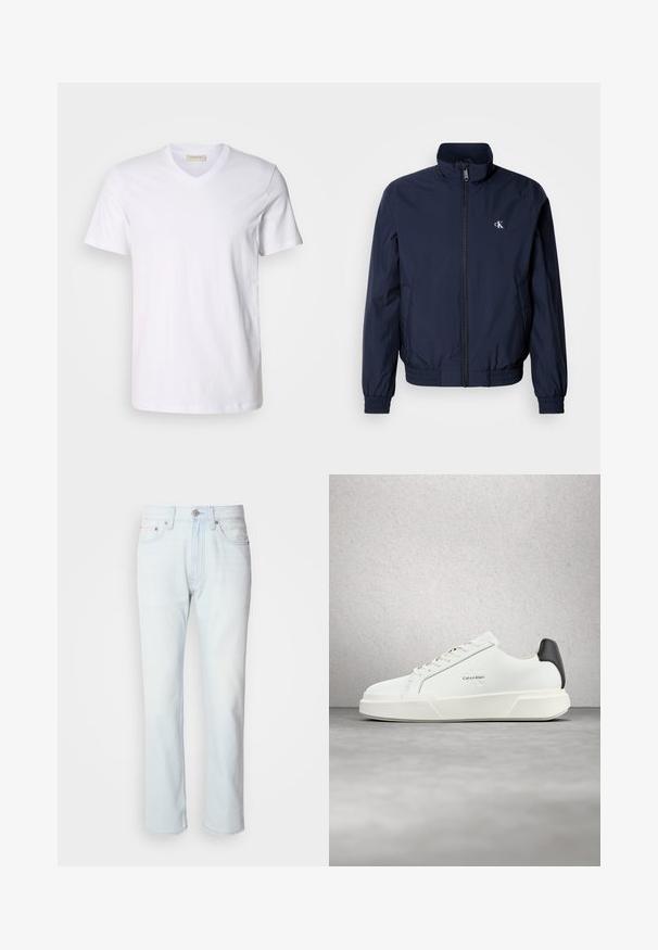 Marineblaue Windjacke mit Stehkragen, elastischen Bündchen und Taillenbund; mit kleinem, weißem Logo auf der linken Brust.; Weißes Baumwoll-V-Ausschnitt-T-Shirt mit kurzen Ärmeln, das ein kleines Logo auf der Brust zeigt. Glatte Textur, normale Passform und klassisches Design.; Hellblaue Jeans mit geradem Bein. Verfügt über einen Knopfverschluss und Gürtelschlaufen, präsentiert eine ausgebleichte Textur und minimale Nähte.; Weiße Sneaker mit glattem Lederobermaterial, flachen Schnürsenkeln und erhöhter weißer Sohle. Verfügen über einen schwarzen Akzent an der Ferse und ein geprägtes Logo.