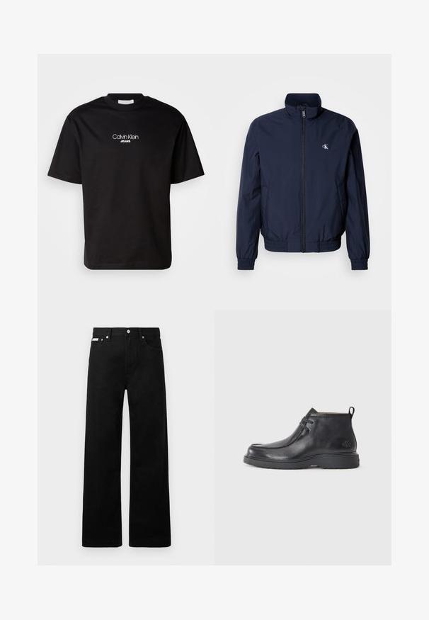 Mørkeblå vindjakke med opretstående krave, elastiske manchetter og linning; har en lille hvid logo på venstre bryst.; Sort bomulds t-shirt med rund hals, korte ærmer og hvid "Calvin Klein JEANS" logo på forsiden. Simpel og lige skåret design.; Sorte denimbukser med bred ben-design, der har fem lommer og metallisk knapdetalje. Glat tekstur, uden synlige mønstre.; Sorte læder ankelstøvler med rund tå, snørelukning og en løkke bagpå. Tekstureret overdel og gummisål.