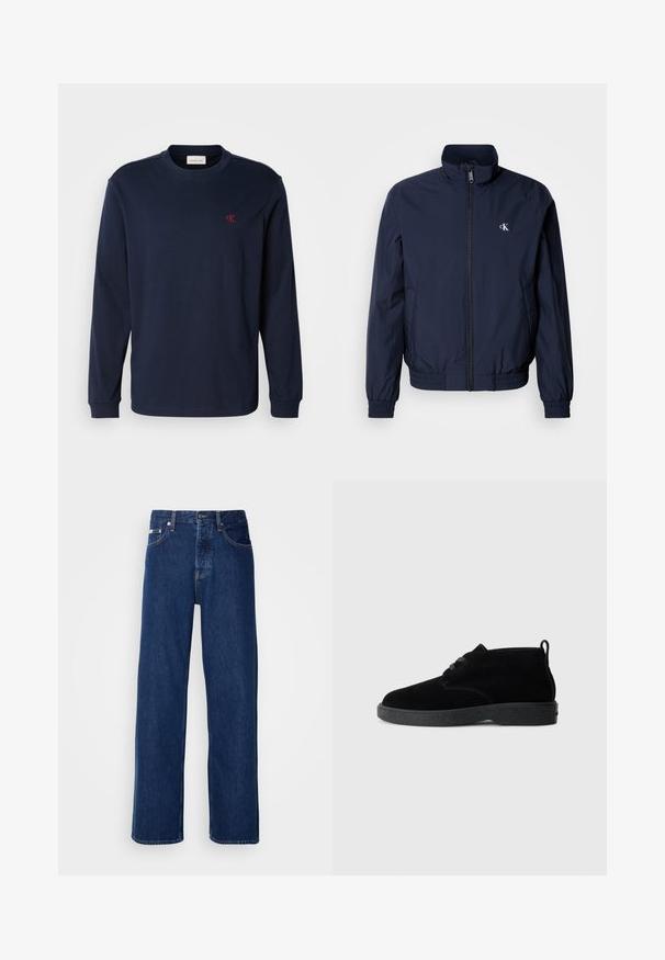 Mørkeblå vindjakke med opretstående krave, elastiske manchetter og linning; har en lille hvid logo på venstre bryst.; Mørkeblå langærmet crewneck-shirt med lille rød "cK" logo på venstre bryst og ribbede manchetter.; Mørkeblå denimjeans med et bredt ben-design, der har en knaplukning og klassisk fem-lomme styling. Stoffet har en glat tekstur.; Sorte ruskindsankelstøvler med rund tå, snørebåndsdesign, sort gummisål og en sløjfe bag på for nem påtagning.