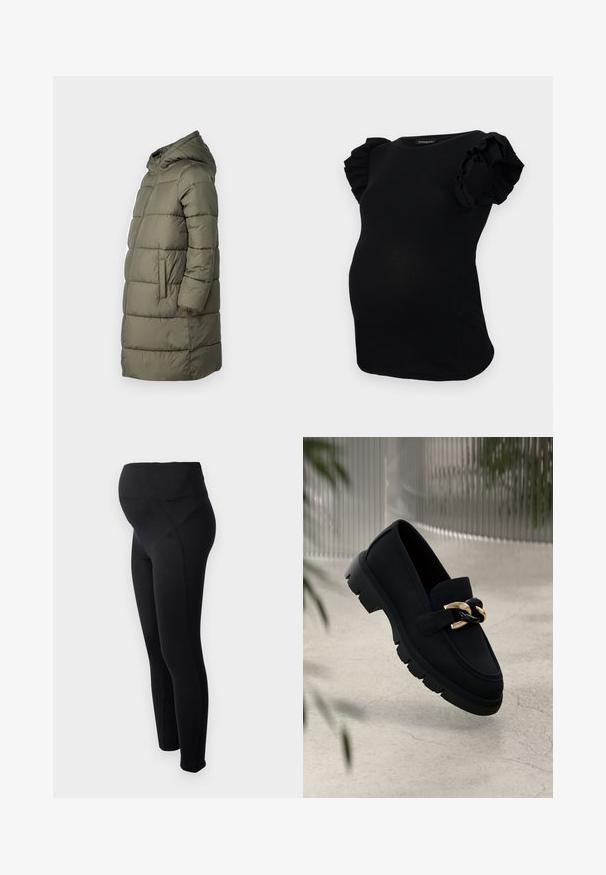 Manteau matelassé pour femmes en vert olive. Doté d'une capuche, d'une fermeture éclair sur toute la longueur, de deux poches latérales et d'un design matelassé avec des coutures horizontales.; Chemise de maternité noire à côtes avec des manches courtes ornées de volants. Le design est ajusté et possède un col rond.; Leggings de maternité noirs avec une taille haute, fabriqués en matériau extensible. Présentent une texture lisse et un design ajusté pour le confort.; Mocassins en cuir noir avec une semelle épaisse, ornés d'une chaîne noire et dorée à l'avant. Texture lisse et forme arrondie.