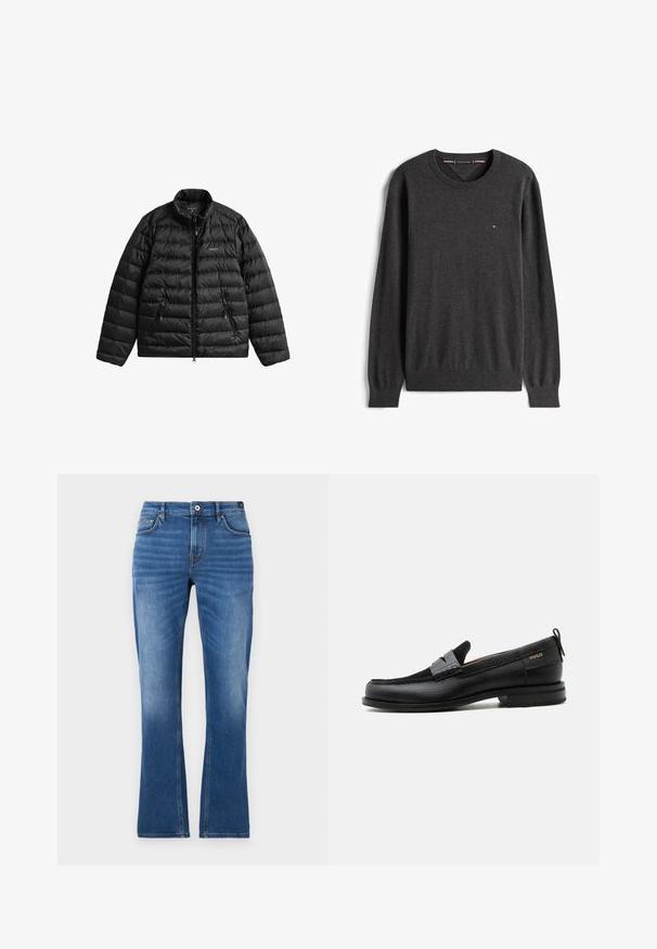 Sort dunjakke med lynlåslukning foran, høj krave og vandret quiltet design. Har to lynlåslommer og et logo på brystet.; Mørkegrå langærmet rundhalset sweater med ribbet manchetter og kant, med en lille rektangulær logo på venstre bryst.; Mellemblå denim flared jeans. Har fem lommer, syede detaljer, knaplukning og en let falmet tekstur på benene.; Sort læderloafer med grå remdetalje, lav hæl og tekstureret sål, mærket med "HUGO" i guld på siden.