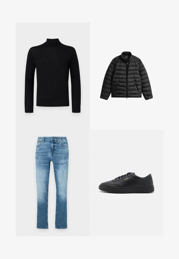 Sort dunjakke med lynlåslukning foran, høj krave og vandret quiltet design. Har to lynlåslommer og et logo på brystet.; Sort højhalset sweater lavet af blødt stof, med lange ærmer og en tætsiddende silhuet med en lille rund accentdetalje ved halsen.; Lysblå lige ben jeans lavet af denim, med en falmet finish, subtil slid og traditionelt fem-lomme design.; Sorte lædersneakers med en glat overflade, rund tå, flad gummisål og tonede snørebånd. Udstyret med guld "BOSS" branding på siden.