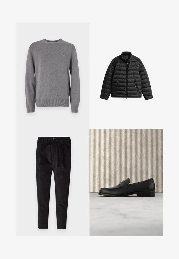 Schwarze Steppjacke mit durchgehendem Reißverschluss, hohem Kragen und horizontalem Steppmuster. Verfügt über zwei mit Reißverschluss versehene Taschen und ein Logo auf der Brust.; Grauer gestrickter Pullover mit Rundhalsausschnitt, gerippten Bündchen und Saum, versehen mit einem kleinen grünen Krokodil-Logo auf der linken Brust.; Schwarze Cordhosen mit strukturierter Oberfläche, mit geradem Bein, gefälteltem Vorderteil und elastischem Bund für hohen Tragekomfort.; Schwarzer Leder-Slipper schwebt über einem beigen Teppich, im Hintergrund ein glänzender, runder brauner Tisch.