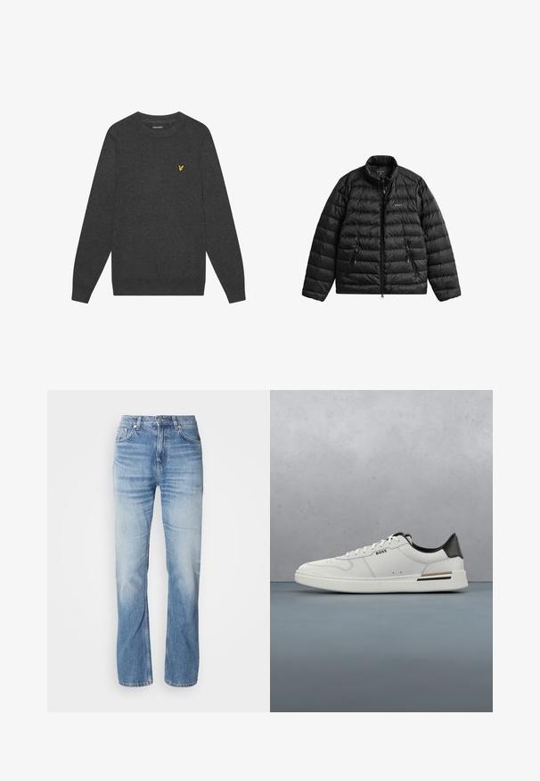 Chaqueta acolchada negra con cremallera frontal, cuello alto y diseño acolchado horizontal. Cuenta con dos bolsillos con cremallera y un logo en el pecho.; Suéter de cuello redondo en gris oscuro, hecho de una tela suave. Presenta un pequeño logotipo amarillo bordado en el pecho. Mangas largas con puños acanalados.; Jeans de mezclilla azul claro con corte recto, acabado desgastado, cinco bolsillos y cierre de botón. Diseño clásico y grosor medio.; Zapatilla baja blanca con talón negro, cierre con cordones, perforaciones sutiles y el logo "BOSS" en el costado, mostrada desde el perfil exterior.
