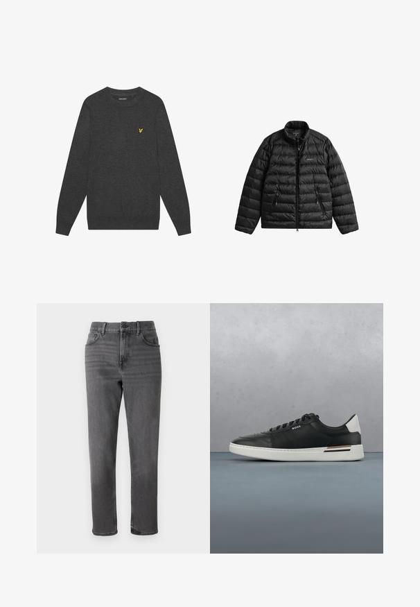 Sort dunjakke med lynlåslukning foran, høj krave og vandret quiltet design. Har to lynlåslommer og et logo på brystet.; Mørkegrå sweater med rund hals lavet af blødt stof. Har et lille gult broderet logo på brystet. Lange ærmer med ribbede manchetter.; Grå denim jeans med lige ben design, der har fem lommer og en frontknaplukning. Glat tekstur med subtil falmning.; Sort lædersneaker med hvid sål, har perforeringer, snørebåndsdesign, logo på siden og kontrasterende hældetalje i hvid og brun.