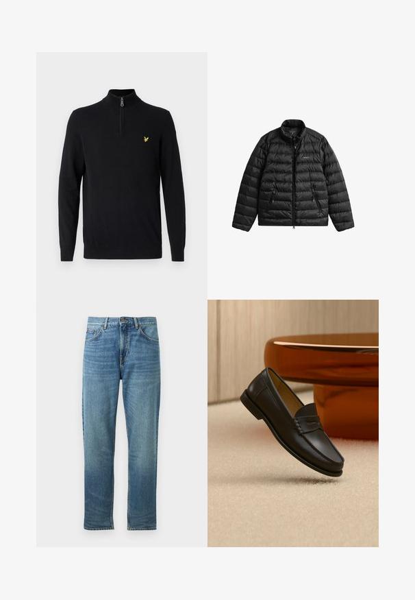 Chaqueta acolchada negra con cremallera frontal, cuello alto y diseño acolchado horizontal. Cuenta con dos bolsillos con cremallera y un logo en el pecho.; Jersey negro con cremallera en el cuello, hecho de una tela suave, con mangas largas y un pequeño logo amarillo en el pecho izquierdo.; Jeans de mezclilla azul con corte recto, que cuentan con bolsillos frontales, cierre de botón y un ligero desteñido para un aspecto desgastado.; Zapato mocasín de cuero negro suspendido sobre una alfombra beige con muebles modernos de color ámbar en el fondo.