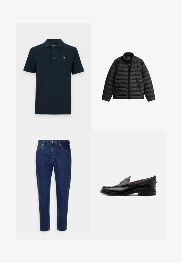 Sort dunjakke med lynlåslukning foran, høj krave og vandret quiltet design. Har to lynlåslommer og et logo på brystet.; Marineblå polo-shirt lavet af bomuld, med en klassisk krave, tre-knaps placket og et lille gult ørne-logo på venstre bryst.; Mørkeblå straight-leg cowboybukser med forreste knap- og lynlås-lukning, bæltestropper samt for- og baglommer.; Sort læder herre loafer med moc-tå syning, penny strop, struktureret krave og lav stablet hæl på hvid baggrund.