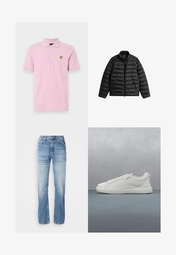 Sort dunjakke med lynlåslukning foran, høj krave og vandret quiltet design. Har to lynlåslommer og et logo på brystet.; Lyserød polo t-shirt lavet af bomuld, med en klassisk krave, tre knapper og et gult broderet logo på venstre bryst.; Lyseblå denimjeans med lige ben, slidt finish, fem lommer og knaplukning. Klassisk design og medium tykkelse.; Hvide sneakers med en glat læderfinish, rund tå, fire snørehuller, subtile perforeringer og en rød logo detalje på siden.