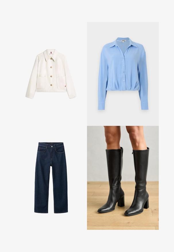 Off-white skjortejakke med lange ærmer, to forlommer, en spids krave og lille rød broderi på den nederste højre lomme.; Lyseblå langærmet skjortebluse med knapper, krave og rynket kant, vist på en ensfarvet hvid baggrund.; Mørkeblå denim jeans med et lige ben-design, der har en klassisk fem-pockets stil, synlig syning og en knaplukning i taljen.; Sorte læder knæhøje støvler med firkantet tå, høj blokhæl og lynlåsdetalje i siden, sat mod en trægulvsbaggrund.