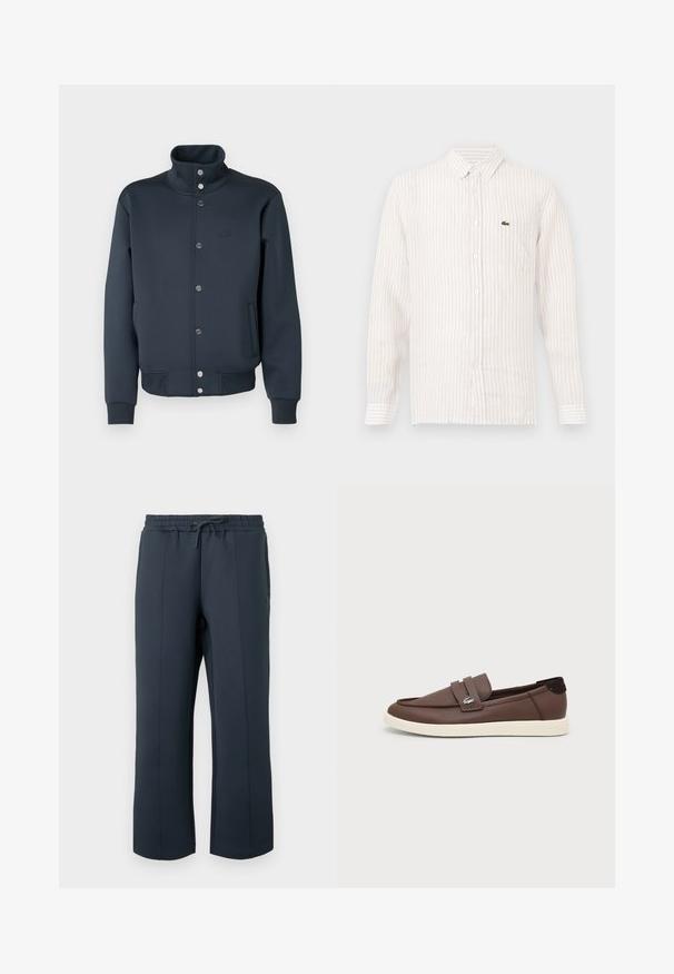 Veste sweat bleu marine avec col montant, fermeture à boutons-pression, poignets en tricot et poches latérales. Présente un logo Lacoste sur la poitrine.; Chemise à rayures claires avec des manches longues, col boutonné et un petit logo vert sur la poche gauche de la poitrine. En coton.; Pantalon de sport bleu marine en matière douce et extensible. Il possède une taille à cordon de serrage, des coutures latérales et une coupe droite.; Mocassin en cuir marron avec semelle en caoutchouc blanche, design slip-on et petit logo crocodile métallique sur la lanière latérale.