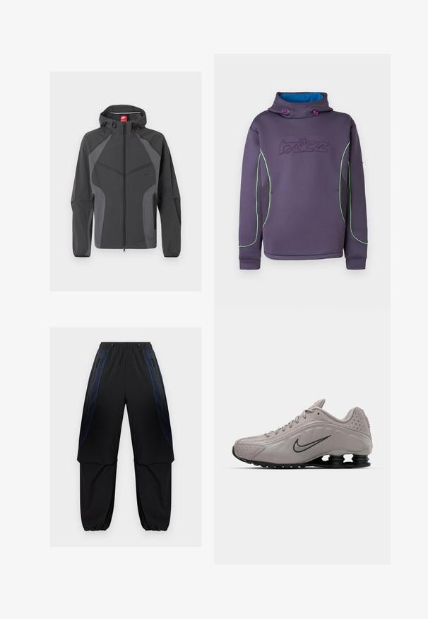 Chaqueta con capucha Nike en gris oscuro con cremallera frontal completa, bolsillos laterales con cremallera y puños elásticos, mostrada sobre un fondo blanco.; Sudadera con capucha de forro polar morado con cuello alto, ribetes verdes y forro interior azul; cuenta con un logotipo bordado y cordones elásticos.; Pantalones cargo en negro y azul oscuro con cintura y puños elásticos, con bolsillos laterales con cremallera y paneles de tela superpuestos en los muslos.; Zapatilla deportiva de color gris claro con una parte superior moldeada, acentos texturizados, suela negra y un prominente swoosh de Nike en gris oscuro. Presenta perforaciones.