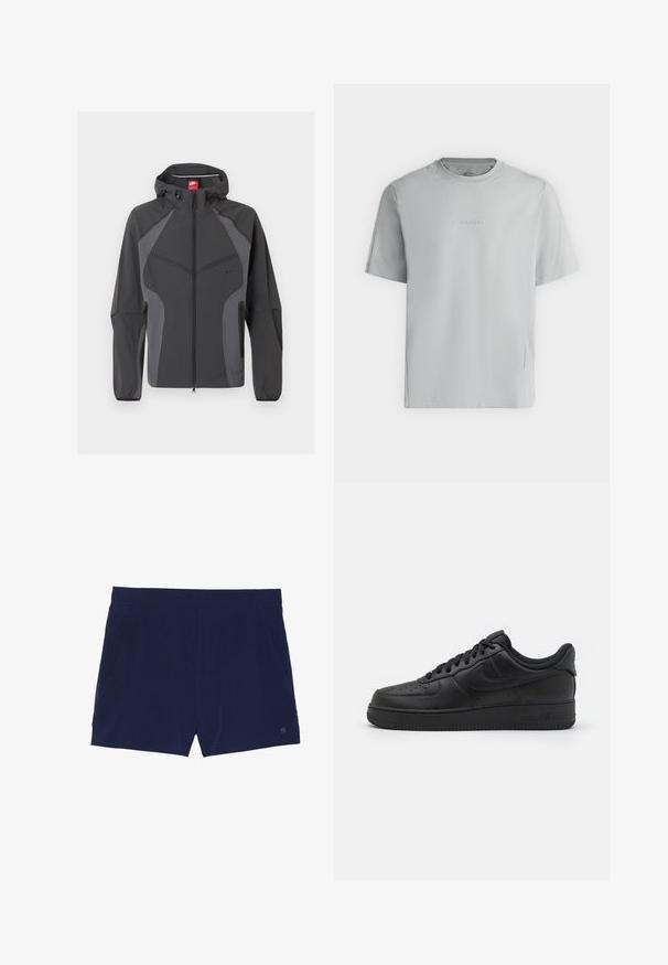 Tummanharmaa Nike-huppari, jossa on täysipitkä etuvetoketju, vetoketjulliset sivutaskut ja joustavat hihansuut, esitetty valkoisella taustalla.; Vaaleanharmaa lyhythihainen t-paita, jossa pyöreä pääntie ja kohokuvioitu "Calvin Klein"-logo keskellä rintaa.; Musta siniset uimaportsit, jotka ovat valmistettu kevyestä kankaasta, jossa on joustava vyötärö ja kaksi sivutaskua säilytystä varten.; Nike Sportswear AIR FORCE 1 07 FLYEASE - Matalavartiset tennarit - black