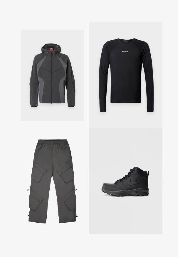 Σκούρο γκρι μπουφάν Nike με κουκούλα, πλήρης φερμουάρ εμπρός, τσέπες με φερμουάρ στα πλάγια και ελαστικές μανσέτες, εμφανίζεται σε λευκό φόντο.; Μαύρο αθλητικό μπλουζάκι με μακριά μανίκια, φτιαγμένο από λείο και ελαφρύ ύφασμα. Διαθέτει στρογγυλή λαιμόκοψη, μανίκια ραγλάν και διακριτό λογότυπο στο στήθος.; Cargo παντελόνια από σκούρο γκρι ύφασμα με ελαστική μέση, πολλές τσέπες cargo, κορδόνια στο κάτω μέρος και λεία υφή.; Μαύρες αθλητικές μπότες ψηλές με λείο συνθετικό πάνω μέρος, στρογγυλή μύτη, επενδυμένο κολάρο και υφασμάτινη σόλα με υφή. Διαθέτουν σχέδιο με κορδόνια και λογότυπο.
