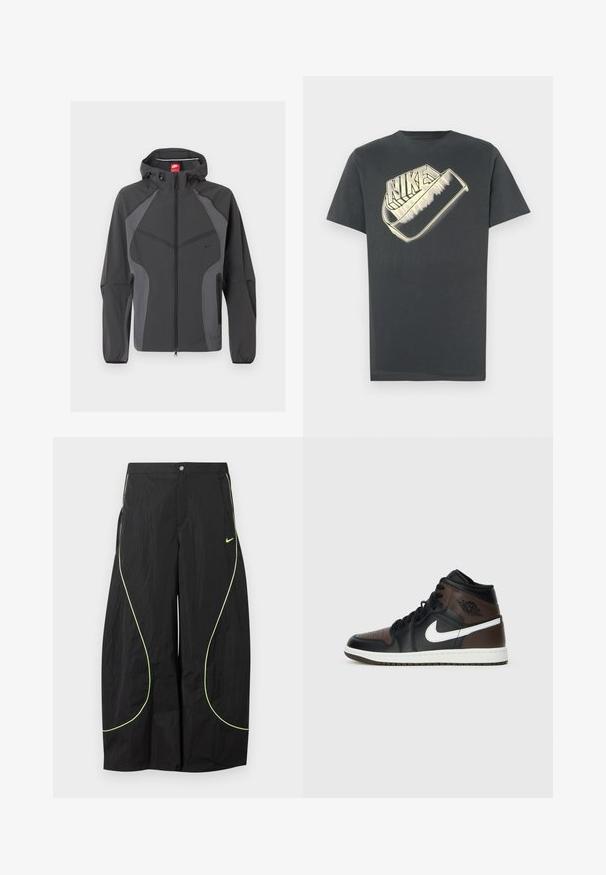 Mørkegrå Nike hættejakke med fuld lynlås foran, lynlåslommer i siderne og elastiske manchetter, vist på hvid baggrund.; Mørkegrå T-shirt lavet af bomuld med rund halsudskæring. Har en stor, stiliseret "Nike"-logo i en lysere farve på forsiden.; Sorte Nike bukser med brede ben, med neon-grøn buet piping og lille Nike swoosh-logo på højre lår, knap- og lynlåslukning i taljen.; Sorte og brune high-top sneakers med læderoverdel, hvid swoosh-logo, perforeret tå og gummisål. Har sorte snørebånd og krave.