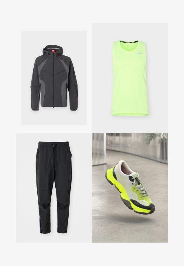 Chaqueta con capucha Nike en gris oscuro con cremallera frontal completa, bolsillos laterales con cremallera y puños elásticos, mostrada sobre un fondo blanco.; Camiseta sin mangas para correr Nike de neón verde brillante con logo reflectante de swoosh en el pecho izquierdo sobre fondo blanco.; Pantalones ligeros negros con cintura elástica, cordón ajustable, bolsillos laterales con cremallera, rodilleras articuladas y cremalleras en los tobillos.; Zapatilla deportiva blanca y amarilla neón con cordones grises flotando sobre un suelo de concreto pulido en un entorno interior moderno y metálico.
