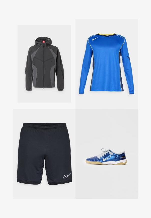 Σκούρο γκρι μπουφάν Nike με κουκούλα, πλήρης φερμουάρ εμπρός, τσέπες με φερμουάρ στα πλάγια και ελαστικές μανσέτες, εμφανίζεται σε λευκό φόντο.; Αθλητική μπλούζα με μακριά μανίκια σε ζωηρό μπλε χρώμα, με κίτρινες λεπτομέρειες και ύφασμα διχτυωτής υφής στα πλάγια. Το λογότυπο της Nike είναι εμφανές στο στήθος.; Μαύρα αθλητικά σορτς με μαλακό, ελαφρύ ύφασμα, ελαστική μέση και λευκό λογότυπο Nike κοντά στο στρίφωμα.; Μπλε συνθετικό ποδοσφαιρικό παπούτσι με υφή στο πάνω μέρος, λευκές λεπτομέρειες, γκρι κορδόνια και σόλα από καουτσούκ γκρι. Διαθέτει το λογότυπο "total90" στη φτέρνα.