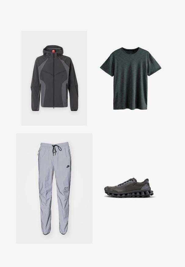 Mørkegrå Nike hættejakke med fuld lynlås foran, lynlåslommer i siderne og elastiske manchetter, vist på hvid baggrund.; Mørkeblå T-shirt lavet af blødt, struktureret stof. Har en klassisk rund hals og korte ærmer med et subtilt mønster. Ingen synlige logoer.; Lys grå sweatpants lavet af glat, let stof med sorte accenter. Har en elastisk talje med snoretræk og sidelommer.; Sort og mørkegrå snørebåndssneaker med unik segmenteret sål og syet læder- og ruskindoverdel, synligt sideskilt.