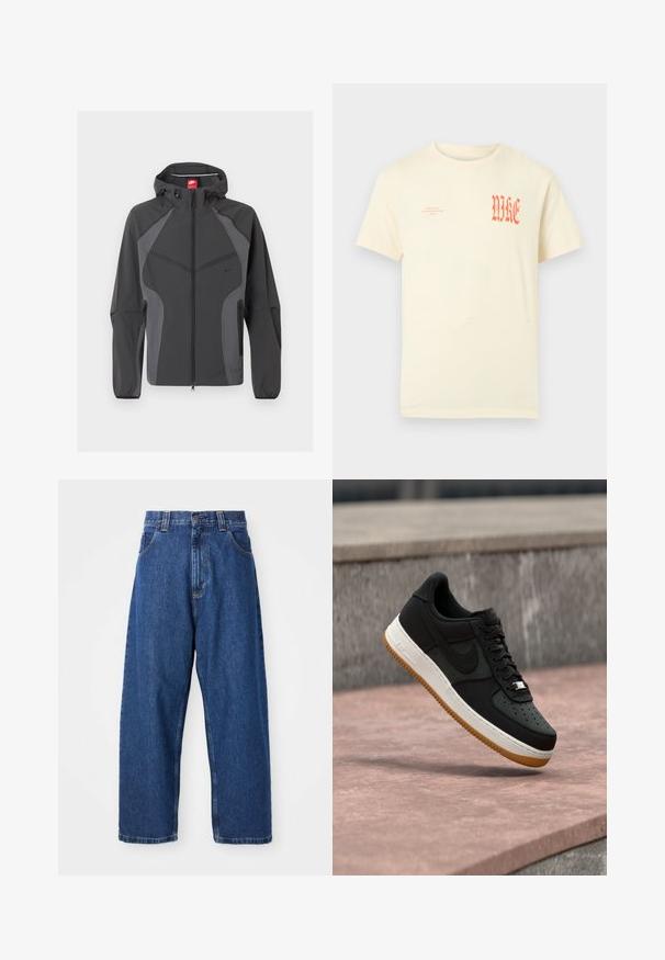Dunkelgraue Nike Kapuzenjacke mit durchgehendem Frontreißverschluss, seitlichen Reißverschlusstaschen und elastischen Bündchen, dargestellt vor weißem Hintergrund.; Cremefarbenes T-Shirt mit kurzen Ärmeln, auf der linken Brust mit kleinem orangem Schriftzug "NIKE AIR INCORPORATED 1972" und auf der rechten Brust mit großem stilisiertem "NIKE".; Weite Jeans aus Denim in Dunkelblau. Hohe Taille, Gürtelschlaufen und klassisches Fünf-Taschen-Design. Gestickter Saum mit sauberem Finish.; Schwarzer Sneaker in niedriger Ausführung mit weißer Mittelsohle, brauner Außensohle und Nike-Swoosh-Logo, schwebt über einer rosa Betonfläche vor einem Hintergrund aus Steinmauer.