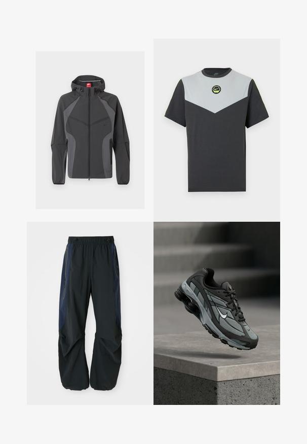 Tummanharmaa Nike-huppari, jossa on täysipitkä etuvetoketju, vetoketjulliset sivutaskut ja joustavat hihansuut, esitetty valkoisella taustalla.; Lyhythihainen Nike T-paita tummanharmaana ja vaaleanharmaana, jossa on vinkkelikuosi, vihreä pyöreä logo ja kontrastiväriset neonkorostukset olkapäillä.; Mustat ulkoiluhousut, joissa on rento malli, joustava vyötärö, tummansiniset sivupaneelit ja vetoketjulliset taskut molemmilla puolilla.; Harmaa ja musta urheilukenkä, jossa on verkkopaneelit ja paksu pohja, ilmassa betonisen reunuksen ja portaitten yläpuolella taustalla.