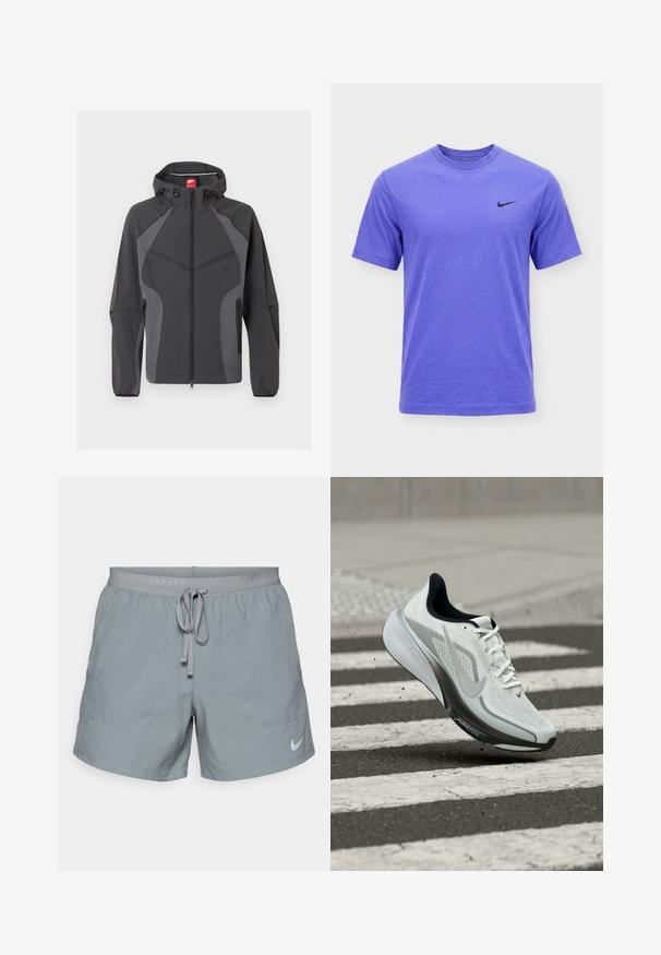 Σκούρο γκρι μπουφάν Nike με κουκούλα, πλήρης φερμουάρ εμπρός, τσέπες με φερμουάρ στα πλάγια και ελαστικές μανσέτες, εμφανίζεται σε λευκό φόντο.; Μωβ αθλητική μπλούζα Nike με κοντά μανίκια, στρογγυλή λαιμόκοψη και μαύρο λογότυπο Swoosh στο αριστερό στήθος, εμφανίζεται σε απλό λευκό φόντο.; Γκρι αθλητικό σορτς από ελαφρύ ύφασμα με ελαστική μέση, κορδόνι και πλαϊνές τσέπες με μικρό λευκό λογότυπο Nike.; Άσπρο και γκρι παπούτσι για τρέξιμο της Nike με κορδόνια στον αέρα πάνω από μια διάβαση πεζών σε άσφαλτο, που εμφανίζει δυναμική κίνηση και λεπτομέρειες σχεδίασης.