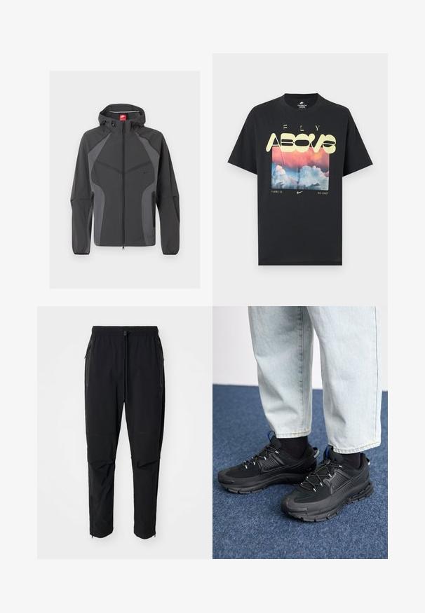 Dunkelgraue Nike Kapuzenjacke mit durchgehendem Frontreißverschluss, seitlichen Reißverschlusstaschen und elastischen Bündchen, dargestellt vor weißem Hintergrund.; Schwarzes Baumwoll-T-Shirt mit einem Motiv aus Wolken, einem rosa-blauen Himmel und auffälligem gelbem Text mit den Worten "FLY ABOVE" und "THERE IS NO LIMIT."; Schwarze, leichte outdoor Hosen mit elastischem Bund und verstellbarem Zugschnur. Ausgestattet mit Reißverschlusstaschen und tapered Bündchen.; Schwarze Sportschuhe aus strukturiertem Stoff mit Gummisohlen, ausgestattet mit elastischen Schnürsenkeln und einem blauen Akzent an der Ferse. Getragen mit hellen Jeans.