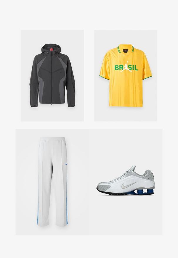 Mørkegrå Nike hættejakke med fuld lynlås foran, lynlåslommer i siderne og elastiske manchetter, vist på hvid baggrund.; Gul kortærmet sportstrøje med grøn kant på krave og ærmer, teksten "BRASIL" og hvid silhuet af en basketballspiller på fronten.; Lys grå sportsbukser med blå sidelister, der har en afslappet pasform, elastisk talje og lynlåslommer. Nike-logo foran.; Hvide og grå Nike løbesko med sølv swoosh, blå fjederlignende såleelementer og sort slidbane på en ensfarvet baggrund.