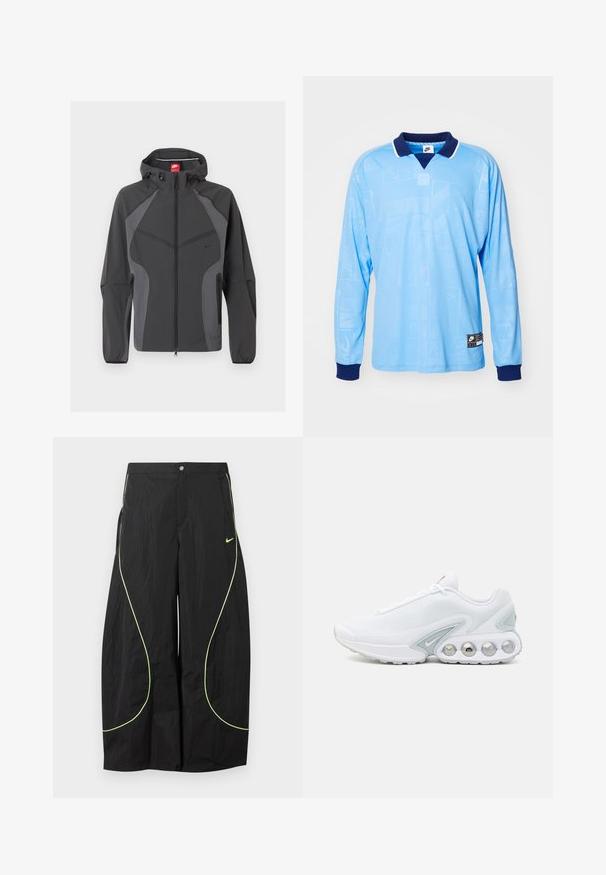 Dunkelgraue Nike Kapuzenjacke mit durchgehendem Frontreißverschluss, seitlichen Reißverschlusstaschen und elastischen Bündchen, dargestellt vor weißem Hintergrund.; Hellblauses Langarm-Polohemd mit marineblauem Kragen und Bündchen, das ein dezentes Allover-Muster und Nike-Logoprint am unteren Saum aufweist.; Schwarze Nike-Hose mit weitem Bein, neongrünem, geschwungenem Paspel und kleinem Nike-Swoosh-Logo auf dem rechten Oberschenkel, mit Knopf- und Reißverschlussbund.; Weißer Mesh-Sneaker mit grauen Akzenten, runder Zehenpartie und sichtbarem, gepolstertem Schuhsohlenbereich mit runden Luftpolstern und Markenlogo.