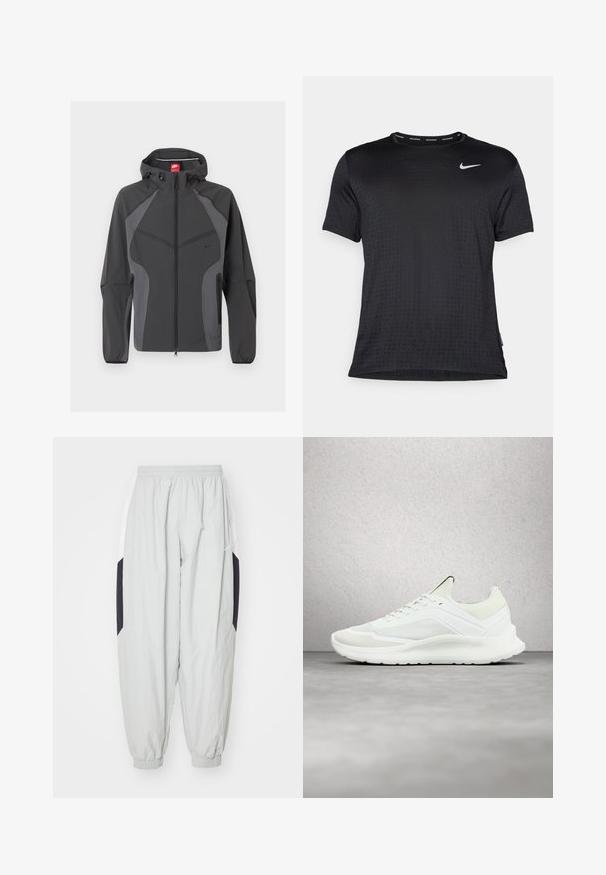 Mørkegrå Nike hættejakke med fuld lynlås foran, lynlåslommer i siderne og elastiske manchetter, vist på hvid baggrund.; Sort atletisk T-shirt med korte ærmer, rund hals, åndbart stof, diskret mønster af hævede prikker og et lille hvidt Nike-logo på brystet.; Lys grå træningsbukser lavet af letvægtsstof, med elastisk talje og manchetter, samt kontrasterende sorte og hvide sidelapper.; Hvid Calvin Klein-sneaker med mesh-detaljer og snørebånd, svævende over en betongulv ved siden af en glasblokvæg.